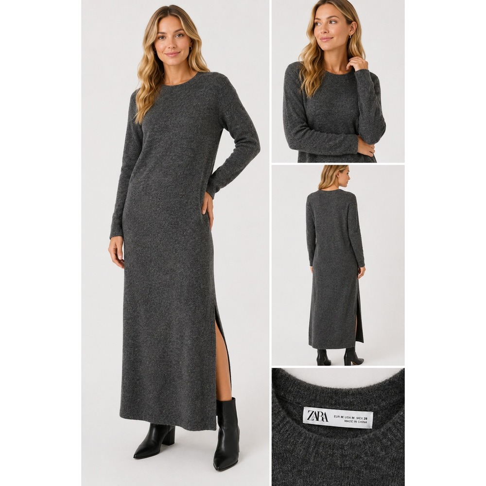 Zara Maxi Sweater Dress Womens M Charcoal Gray Knit‎ Side Slit Cozy Lounge
